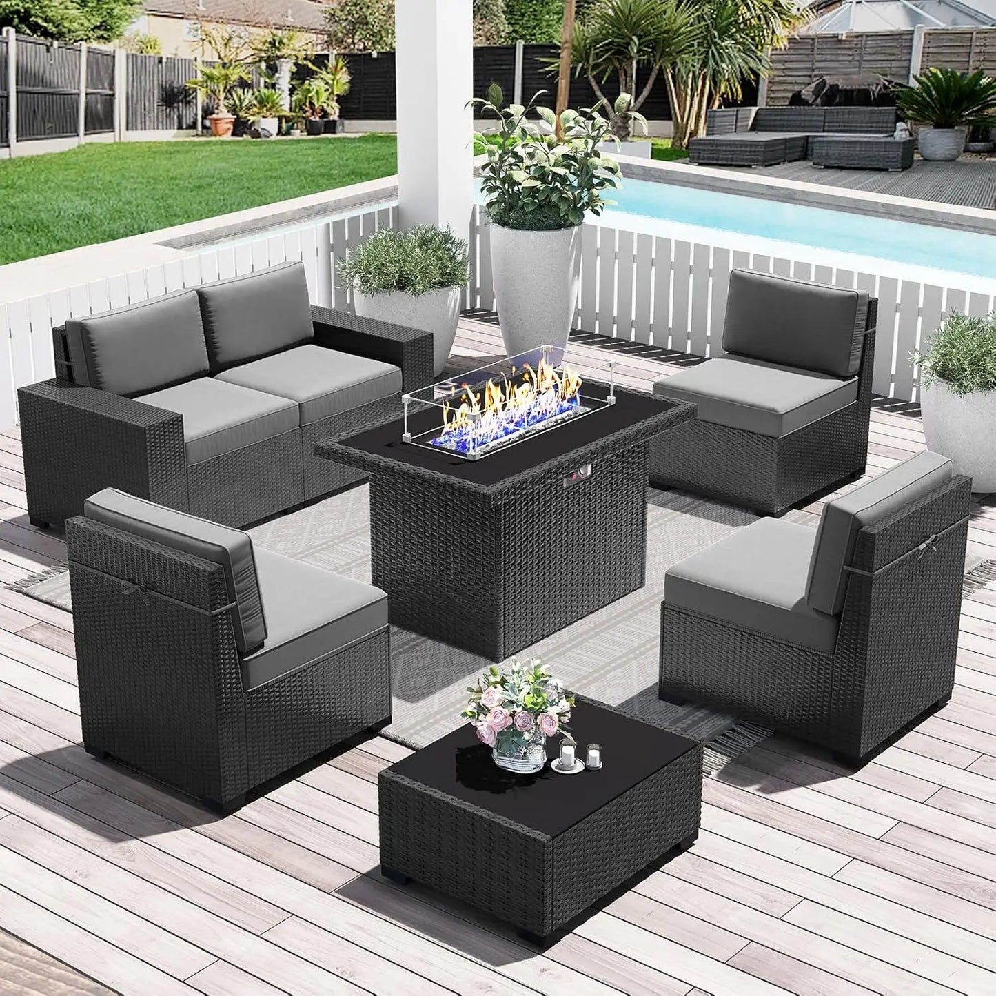 15 Piece Patio Furniture Set with Fire Pit Table, Outdoor Conversation Sets Wicker Rattan Sectional Sofa with Coffee Table
