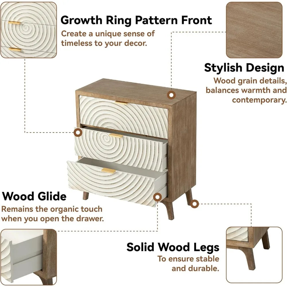 Farmhouse 3 Drawer Dresser with Handcrafted Wood Ring Motif, White Nightstand for Bedroom, Rustic & Natural, Fully Assembled, Bo