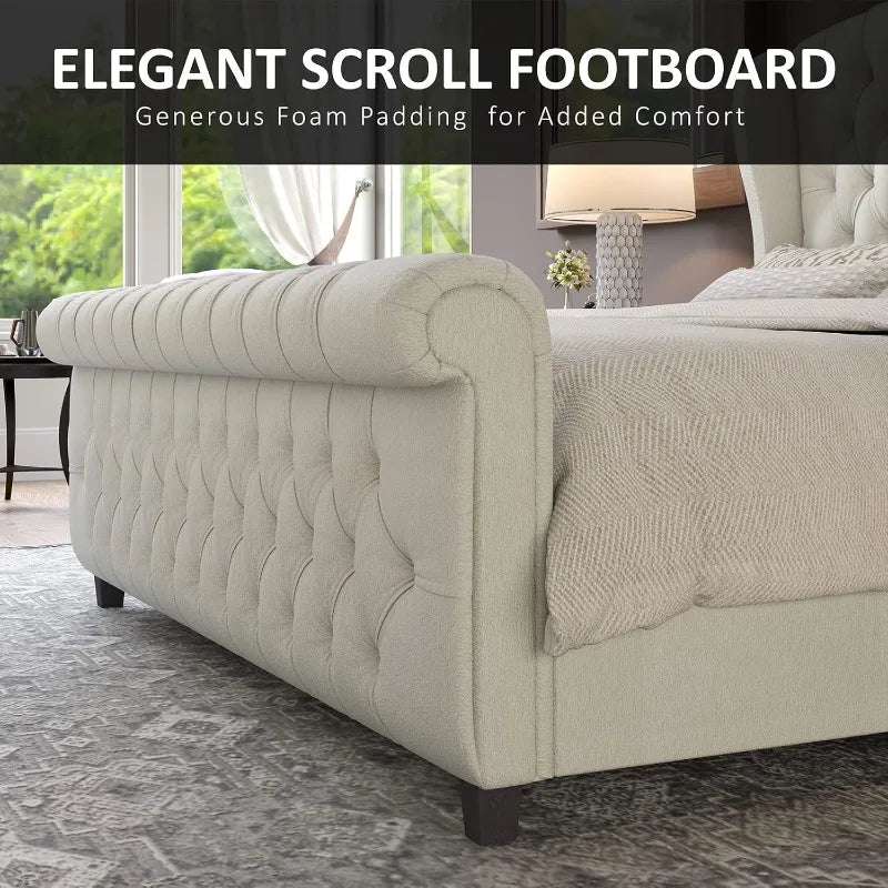 AMERLIFE King Size Platform Bed Frame, Chenille Upholstered Sleigh Bed with Scroll Wingback Headboard & Footboard/Button Tufted