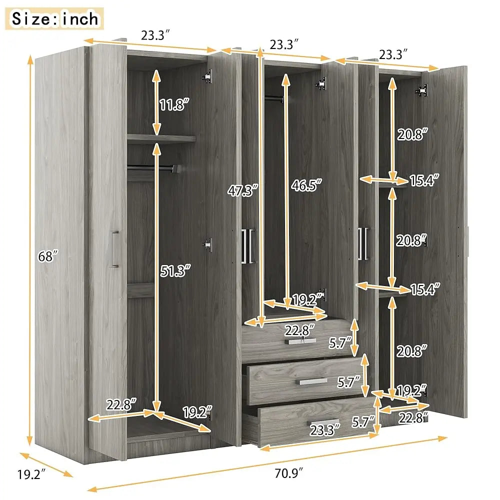 6 Door Armoire Wardrobe Closet With Big 3 Drawers, Wooden Freestanding Bathroom Armoire Cabinet With Shelves And Hanging Rod,