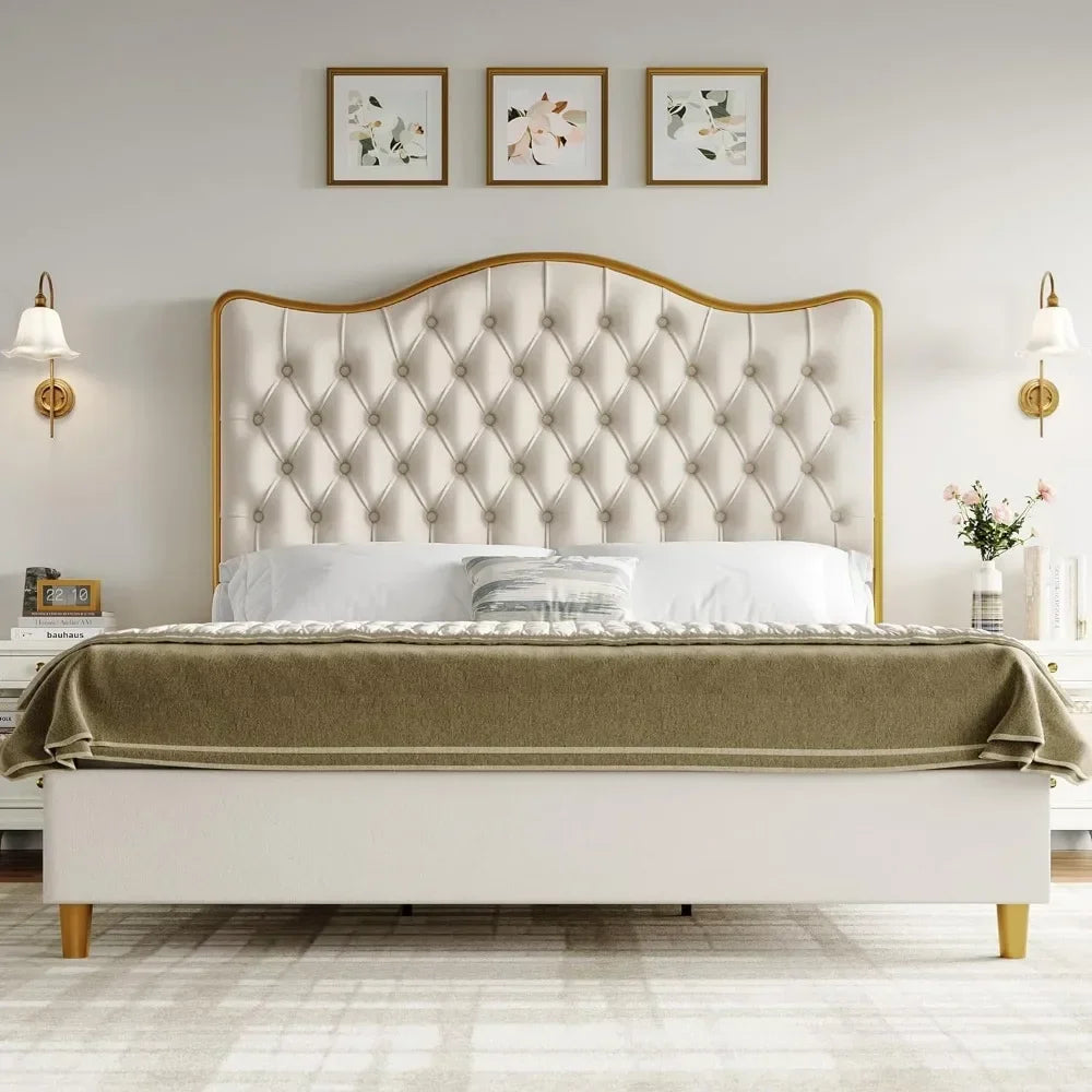 Queen/King Size Platform Bed Frame with 55" Tall Curved Headboard, Modern Velvet Upholstered Bed Frame with Deep Tufted Button