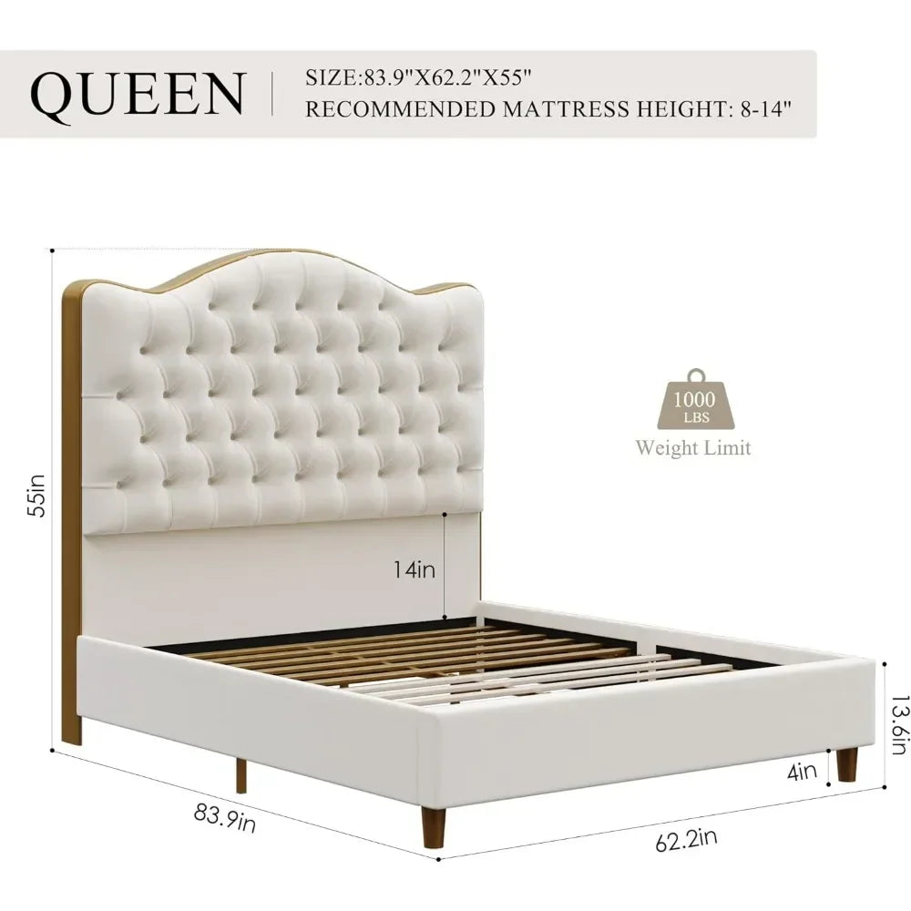 Queen/King Size Platform Bed Frame with 55" Tall Curved Headboard, Modern Velvet Upholstered Bed Frame with Deep Tufted Button
