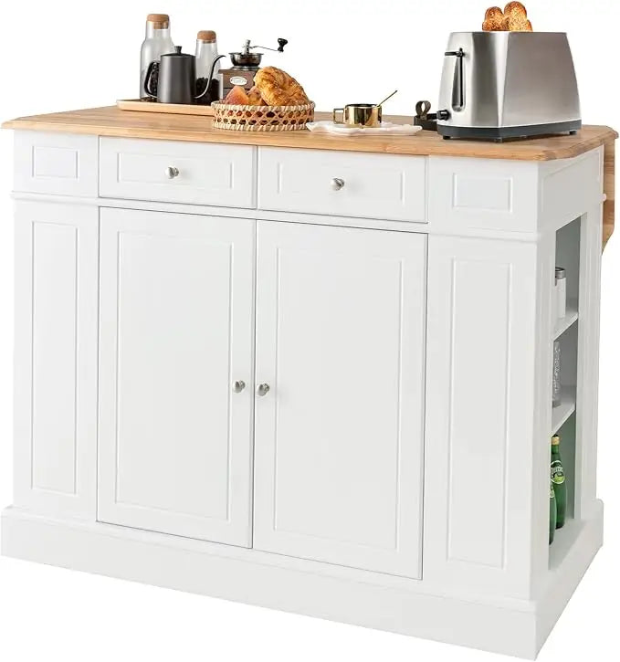 Kitchen island with rubber wood countertop, 2 drawers, 5 adjustable shelves and spice rack, kitchen home coffee bar island table