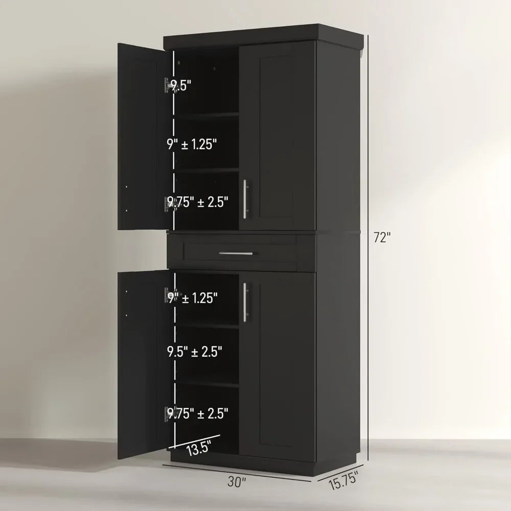 Kitchen Pantry Cabinet, Freestanding Tall Storage Cabinet with 4 Doors, Drawer and 3 Adjustable Shelves for Dining Room