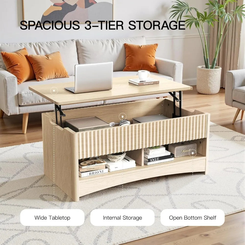 Amada Coffee Table Fluted Lift Top, 35.2" Wood Table with Storage Shelf & Hidden Compartment, Modern Rectangle Center Table