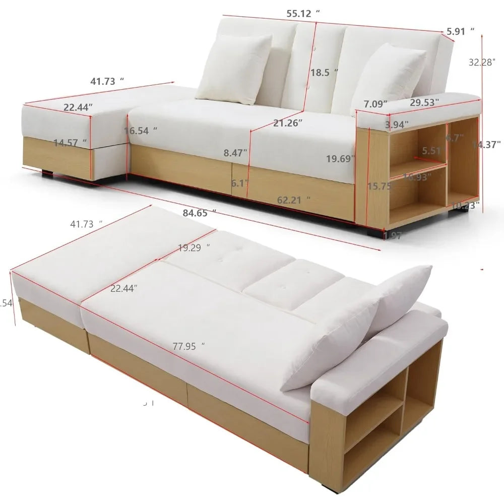 Sofa 84.65" Convertible Sofa Bed with Storage Ottoman, Adjustable Armrest & Coffee Table - Perfect for Small Apartments, 2 Drawe