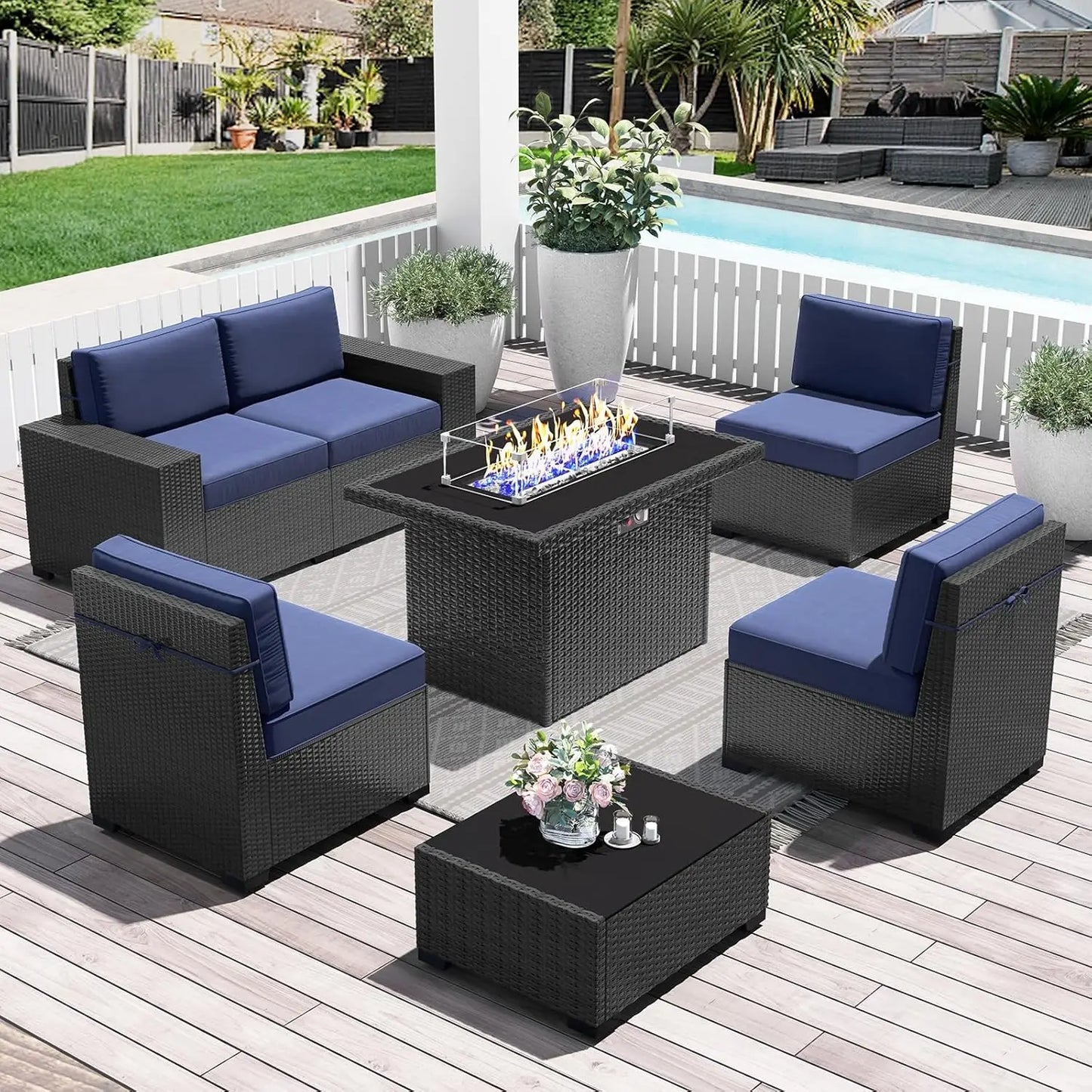 15 Piece Patio Furniture Set with Fire Pit Table, Outdoor Conversation Sets Wicker Rattan Sectional Sofa with Coffee Table