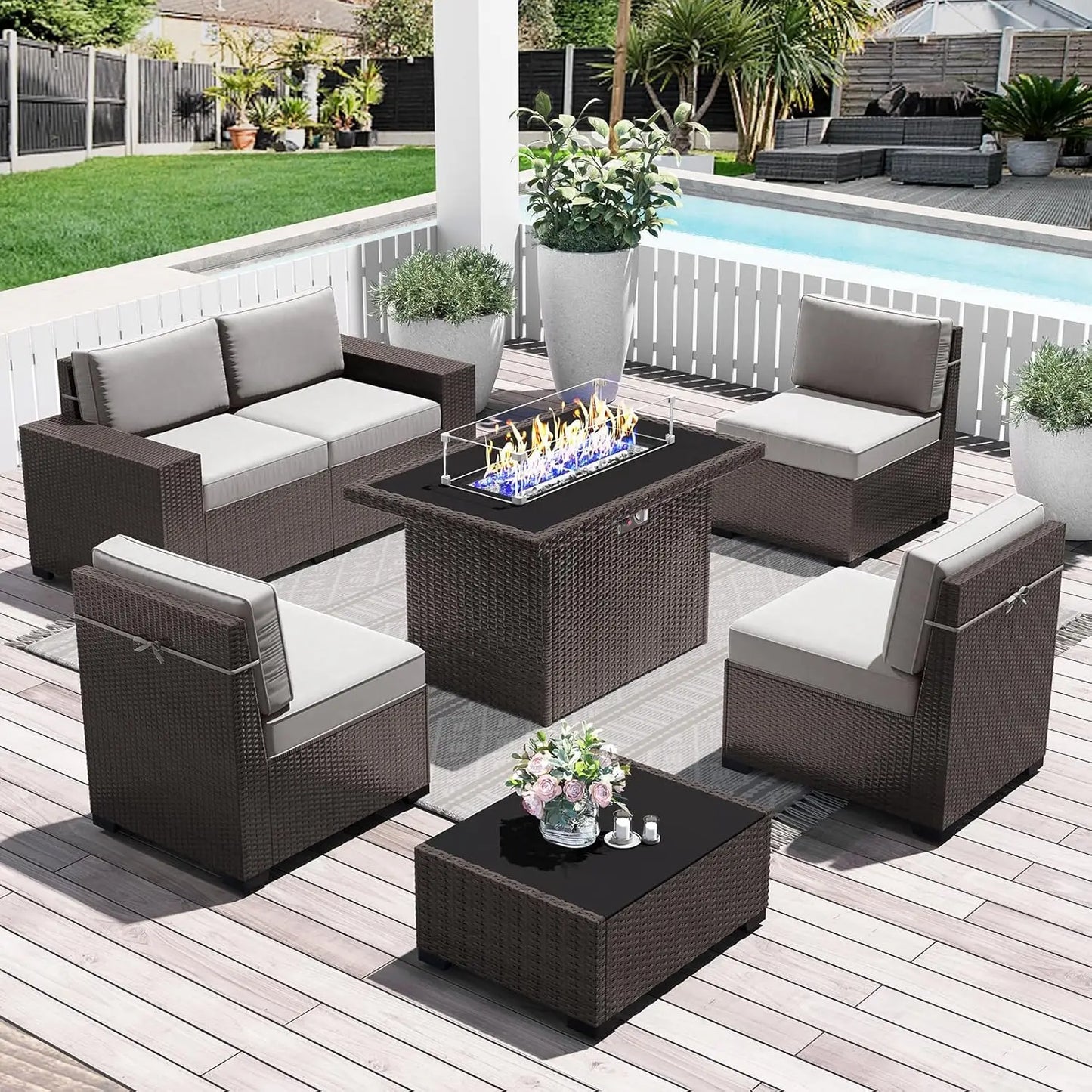 15 Piece Patio Furniture Set with Fire Pit Table, Outdoor Conversation Sets Wicker Rattan Sectional Sofa with Coffee Table