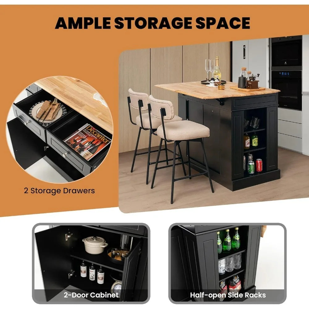 Kitchen island with rubber wood countertop, 2 drawers, 5 adjustable shelves and spice rack, kitchen home coffee bar island table