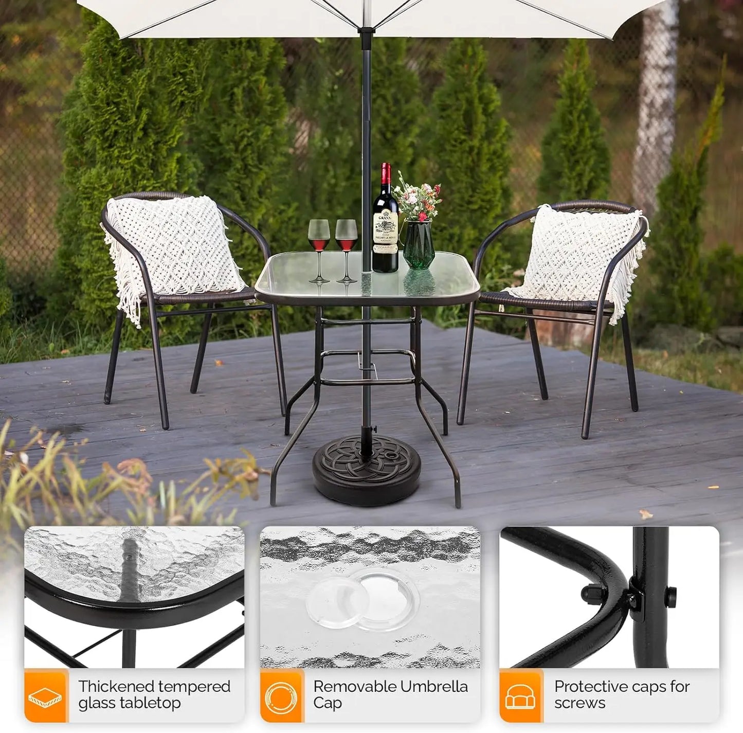 Glass Patio with Umbrella Hole, 32" Square Outdoor Dining Steel Tempered Glass Patio Table Outdoor