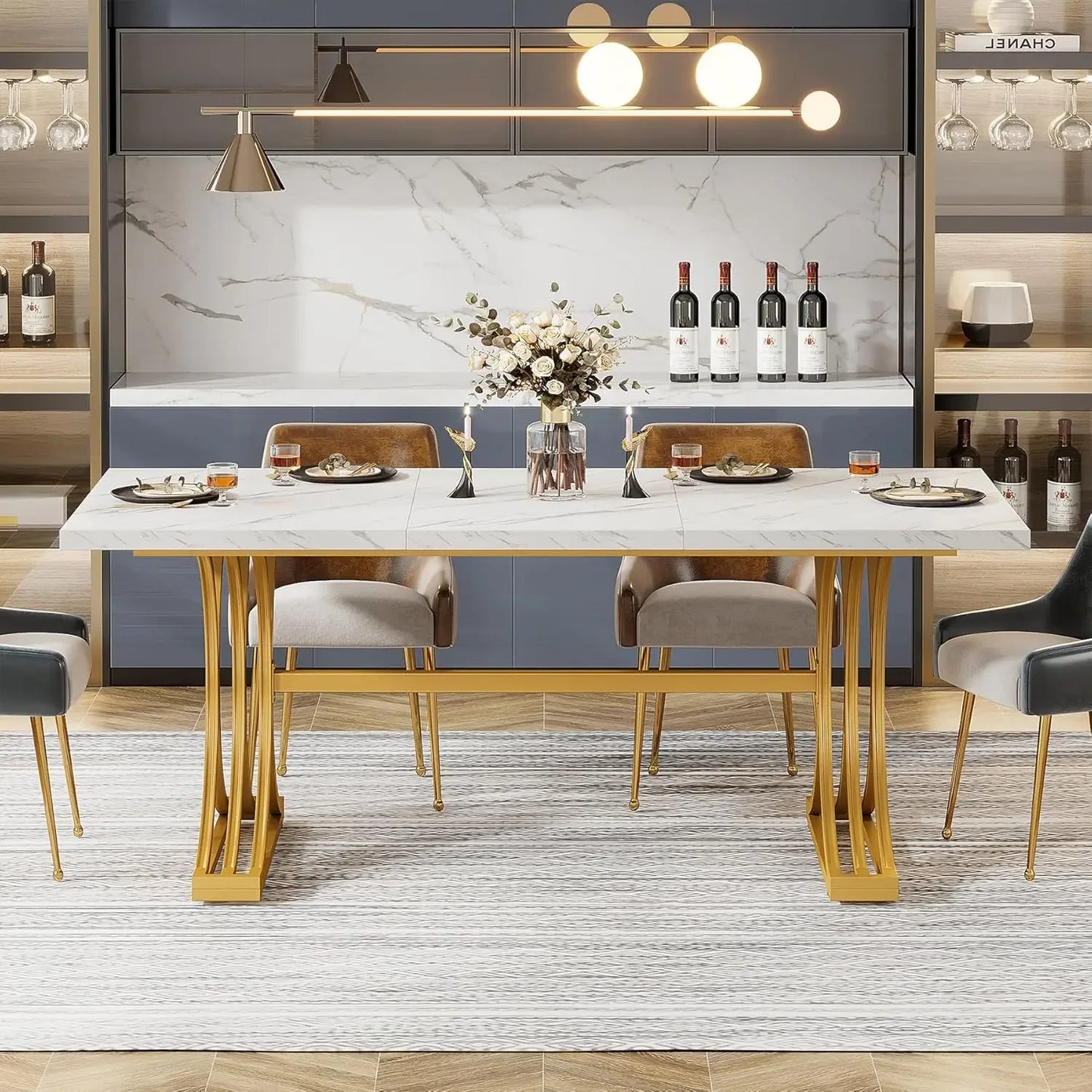 63-Inch Rectangular Dining Table for 4 to 6, Kitchen Tables for Dining Room, Modern Dinner Table with Faux Marble Table Top and