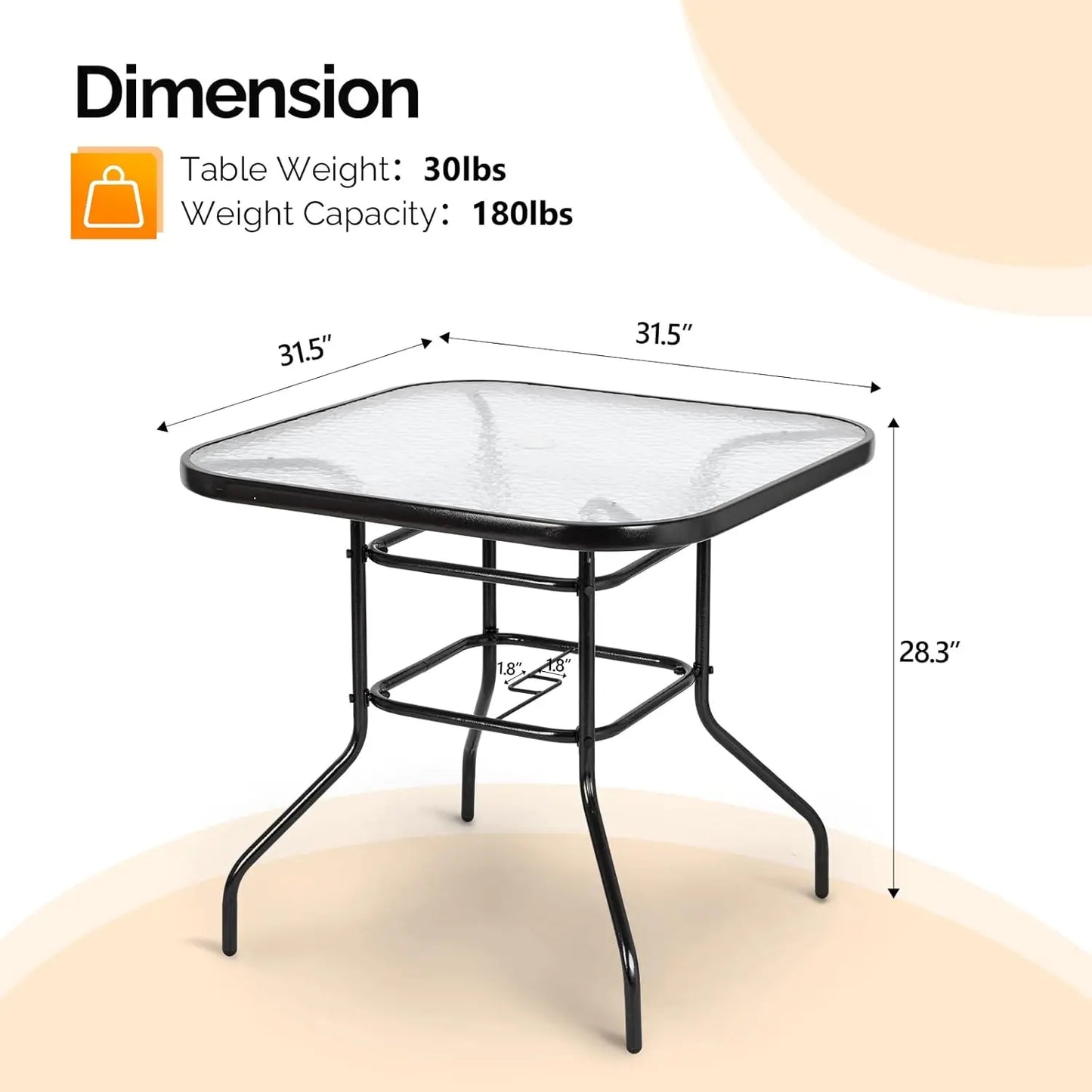 Glass Patio with Umbrella Hole, 32" Square Outdoor Dining Steel Tempered Glass Patio Table Outdoor
