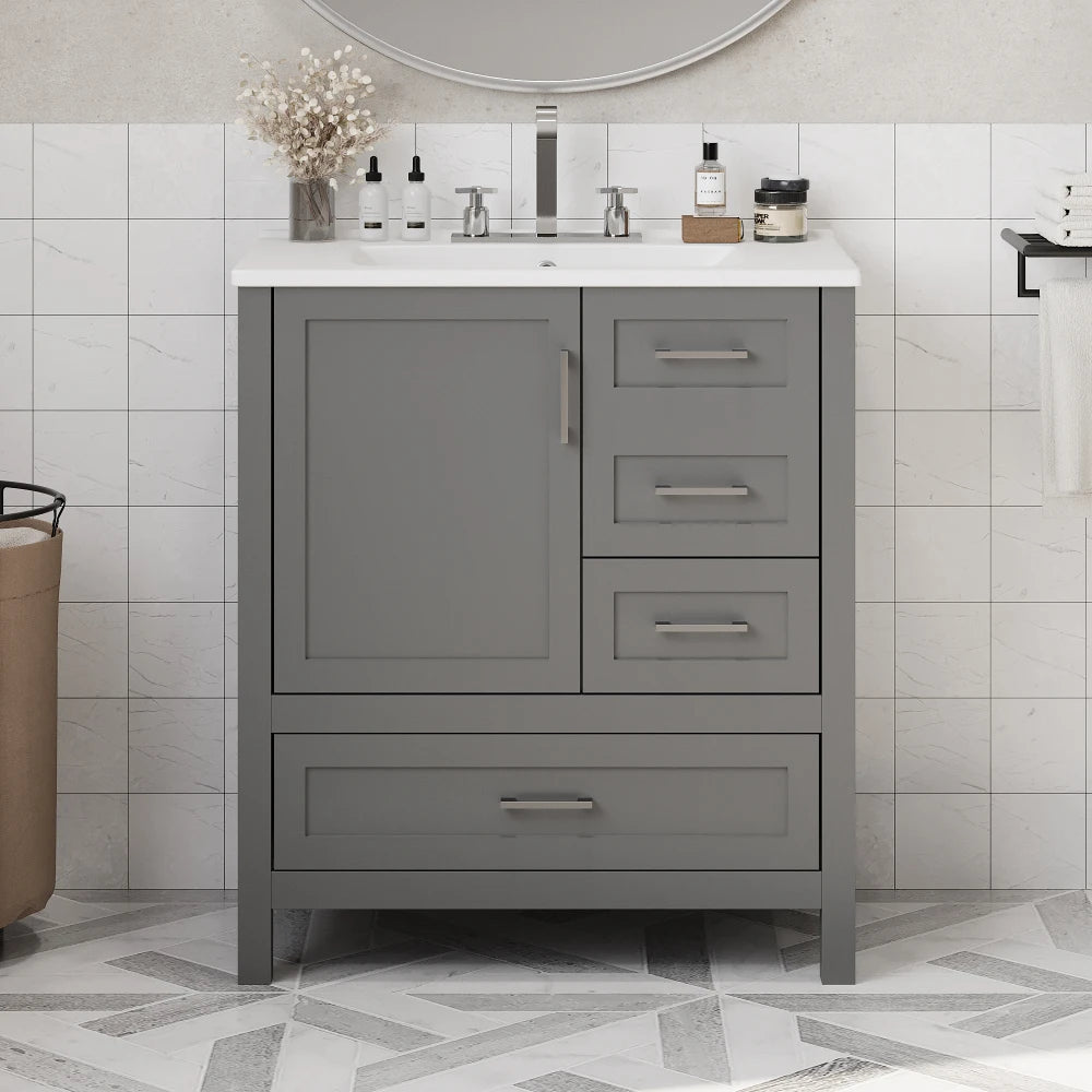 30" Gray Bathroom Vanity with Sink Combination Set, Bathroom Storage Cabinet with Soft Close Door, 3 Drawers and Removable Tray