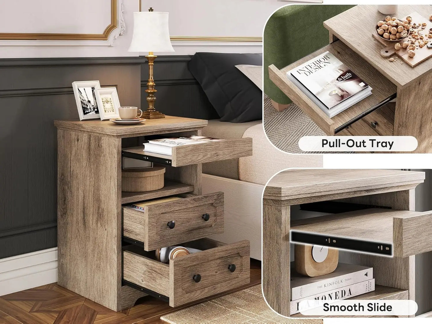 Night Stand, Modern Bedside Table with 3 Drawers, Open Shelf, End Table with Pull-Out Tray, Wood SideTable, Grey Oak