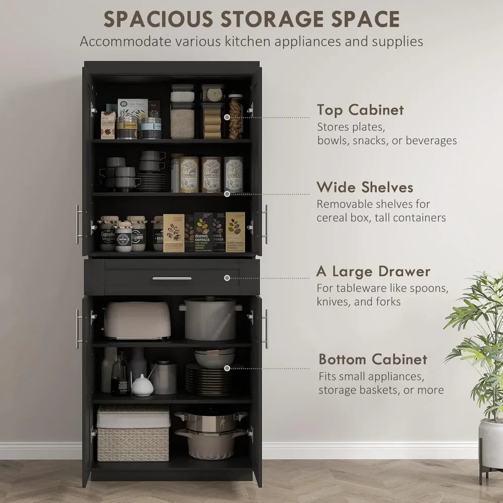 Kitchen Pantry Cabinet, Freestanding Tall Storage Cabinet with 4 Doors, Drawer and 3 Adjustable Shelves for Dining Room