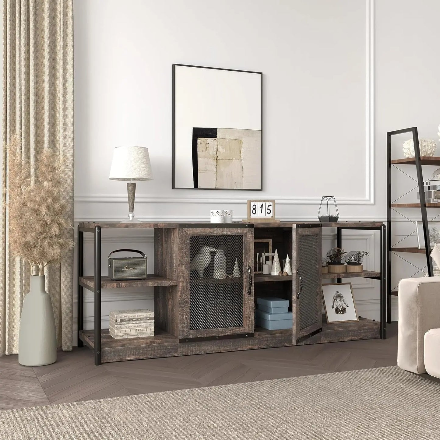 TV Stand for 65+ Inch TV,Industrial Entertainment Center TV Media Console Cabinet, Farmhouse TV Stand with Storage and Mesh Door