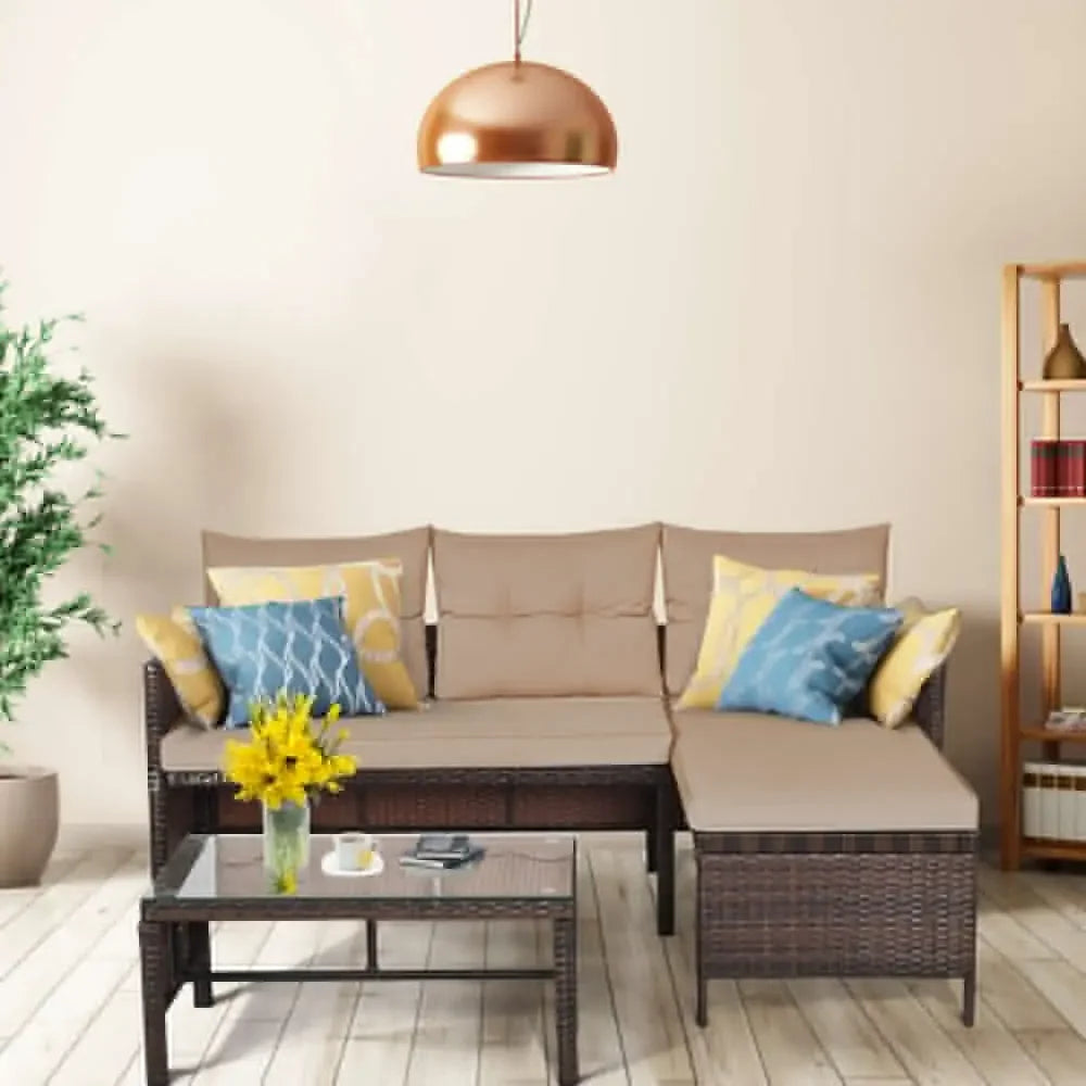 3 PCS Patio Wicker Rattan Sofa Set Sectional Conversation Furniture Set
