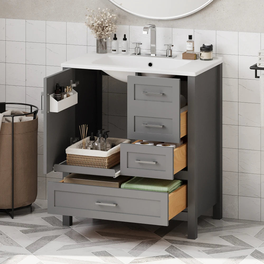 30" Gray Bathroom Vanity with Sink Combination Set, Bathroom Storage Cabinet with Soft Close Door, 3 Drawers and Removable Tray