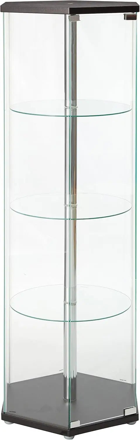 Coaster Hexagon Curio Cabinet: 3 Round Shelves, Glass, 24"D x 24"W x 63.5"H, Black, Traditional Design