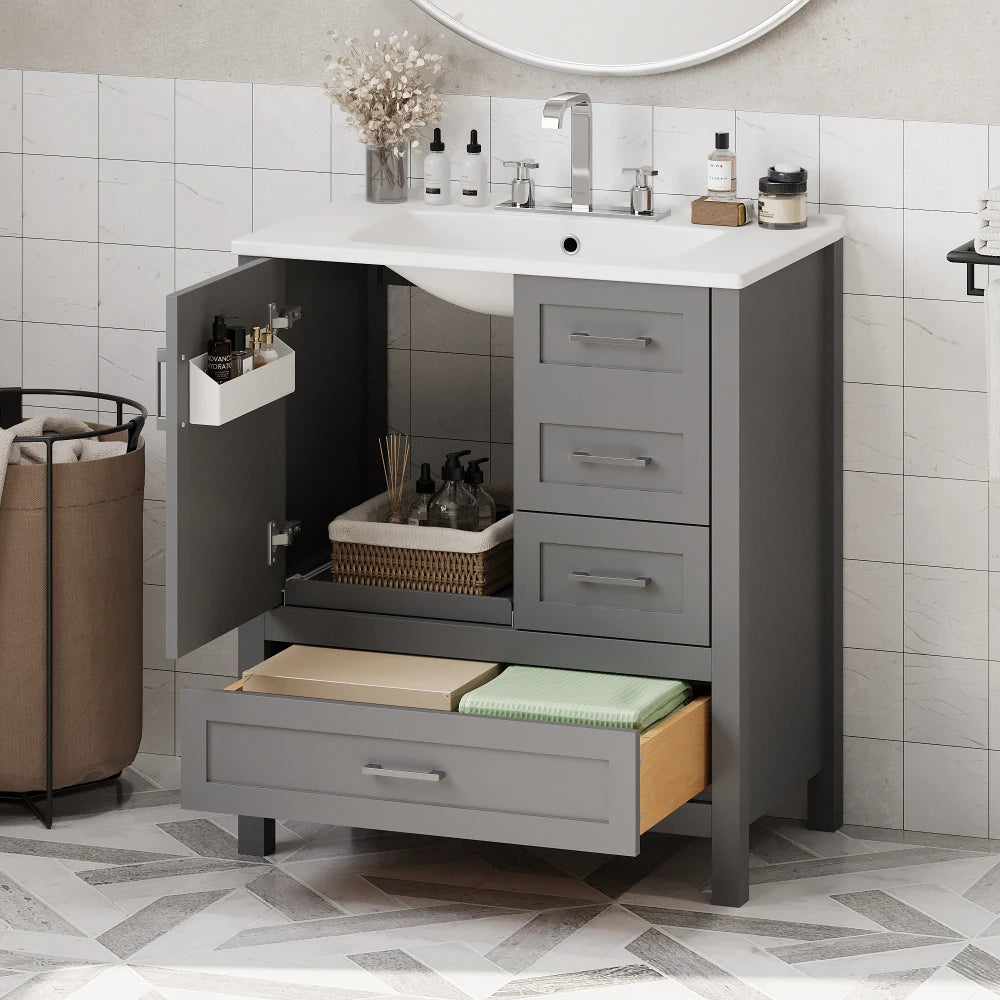 30" Gray Bathroom Vanity with Sink Combination Set, Bathroom Storage Cabinet with Soft Close Door, 3 Drawers and Removable Tray