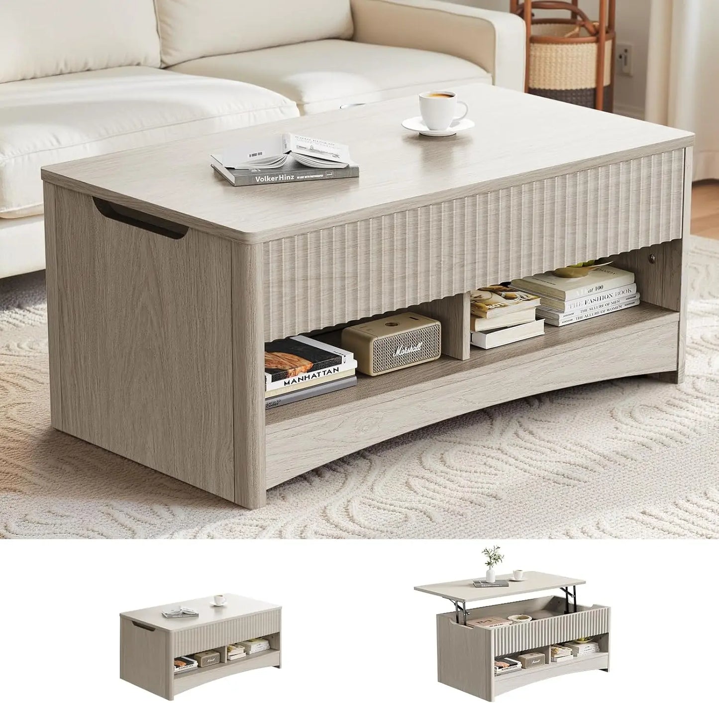Amada Coffee Table Fluted Lift Top, 35.2" Wood Table with Storage Shelf & Hidden Compartment, Modern Rectangle Center Table