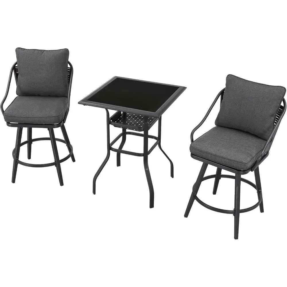 3Pcs Patio Bar Set Outdoor Black Glass Table with Metal Swivel Stools Grey Seat Cushion