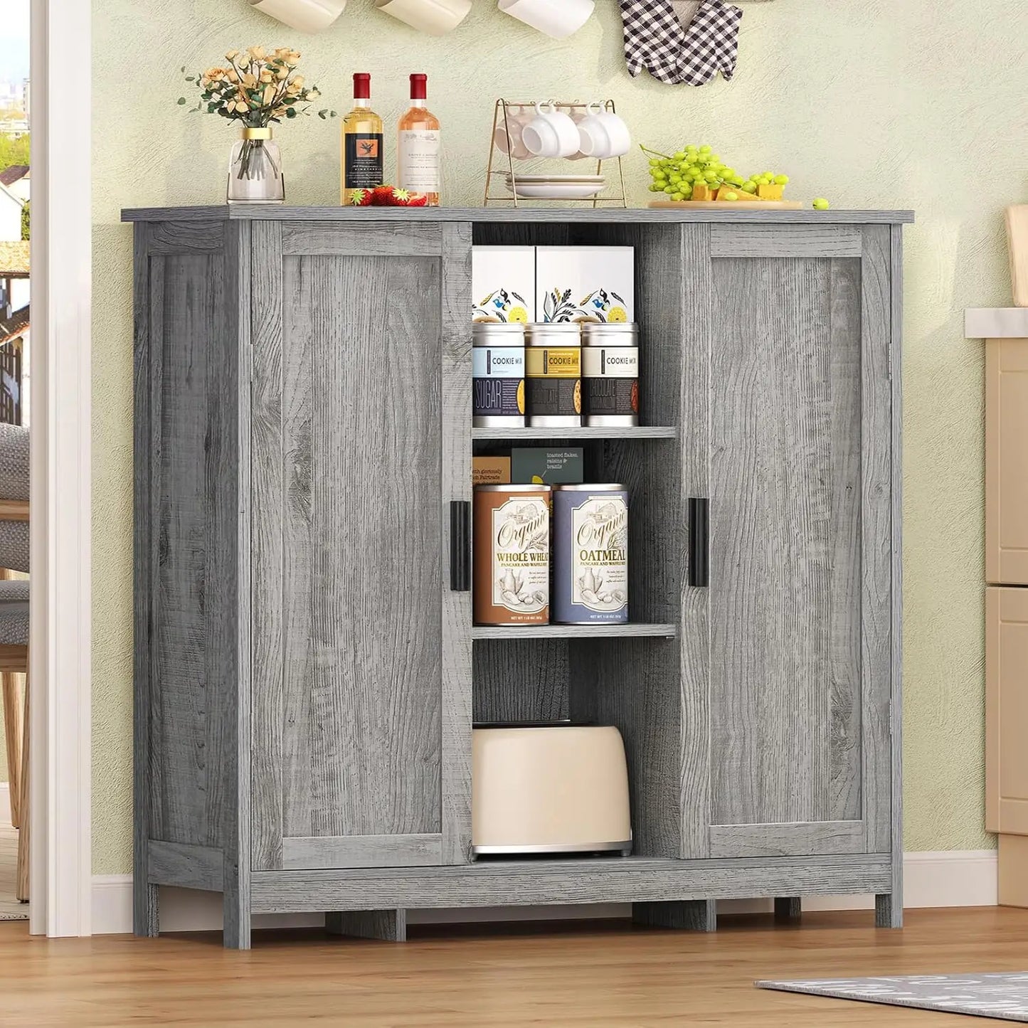 Storage Cabinet, Coffee Bar Cabinet With 3 Adjustable Shelves & 2 Doors, Bathroom Cabinets, Sideboard Buffet Cabinets, Cupboard
