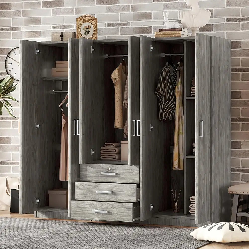 6 Door Armoire Wardrobe Closet With Big 3 Drawers, Wooden Freestanding Bathroom Armoire Cabinet With Shelves And Hanging Rod,