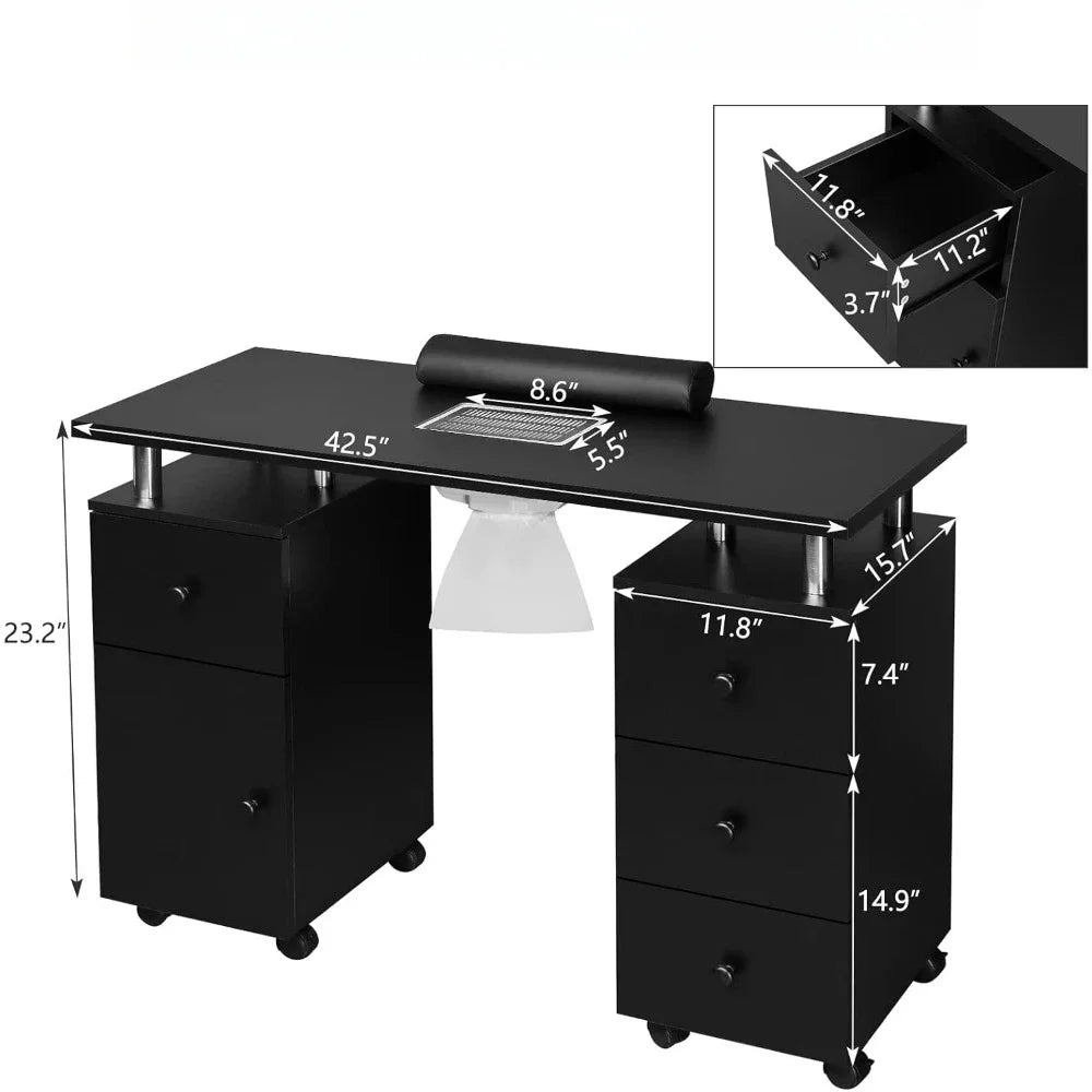 Manicure Tables Desk for Nail Tech Nail Table Beauty Salon Tech Station w/Electric Downdraft Vent Wheels Cushion Manicure Table