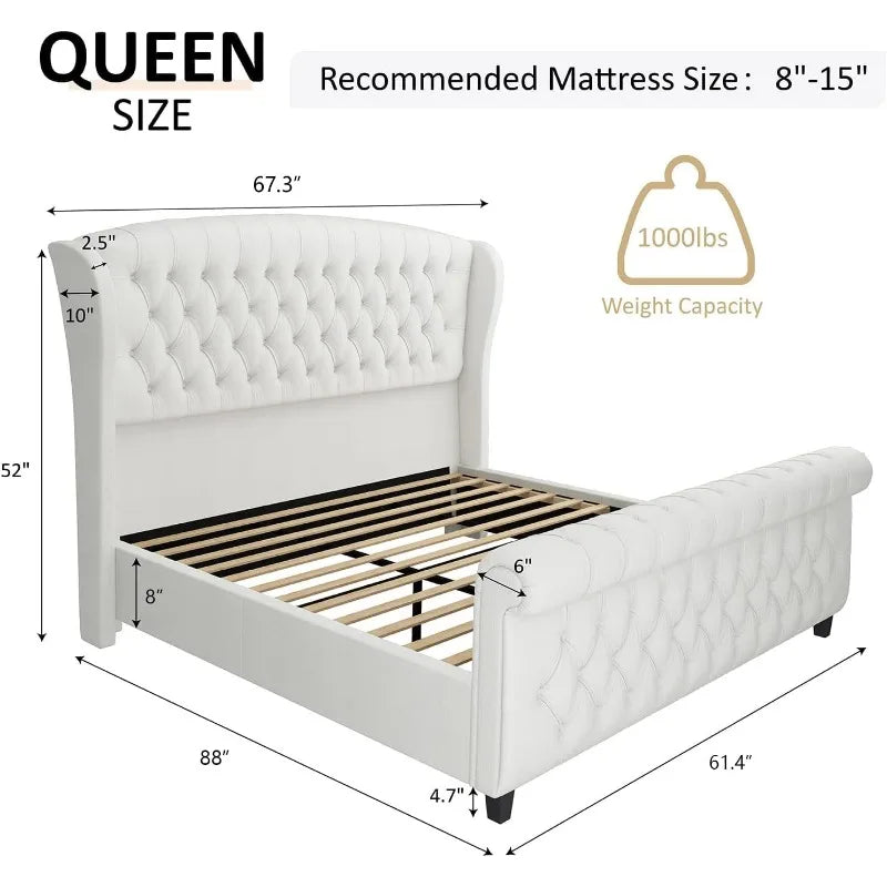 AMERLIFE King Size Platform Bed Frame, Chenille Upholstered Sleigh Bed with Scroll Wingback Headboard & Footboard/Button Tufted