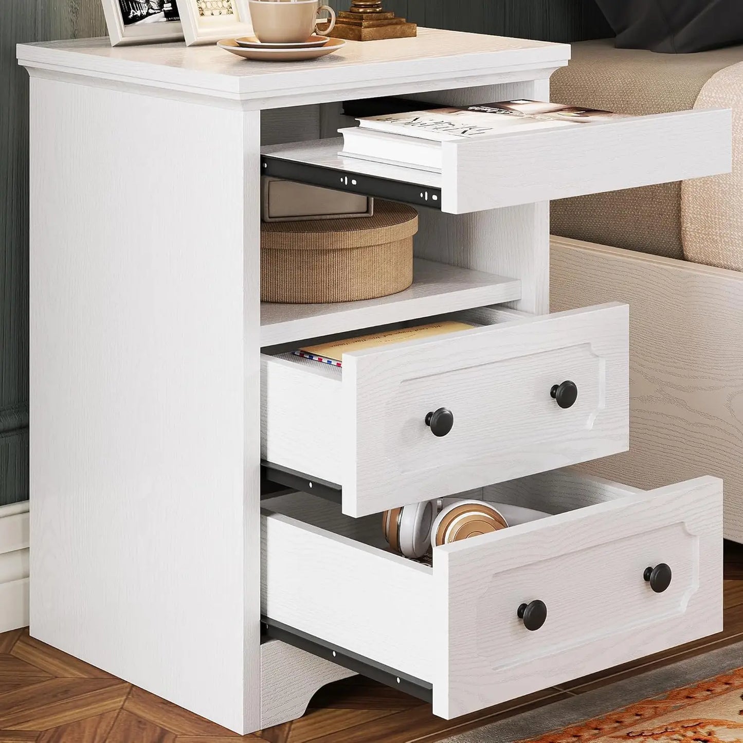 Night Stand, Modern Bedside Table with 3 Drawers, Open Shelf, End Table with Pull-Out Tray, Wood SideTable, Grey Oak