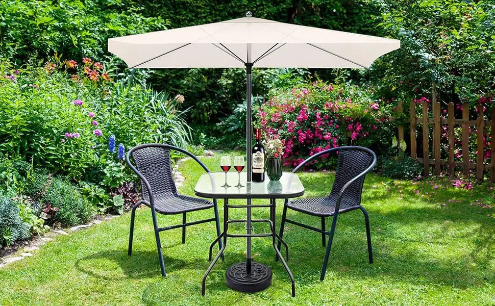 Glass Patio with Umbrella Hole, 32" Square Outdoor Dining Steel Tempered Glass Patio Table Outdoor