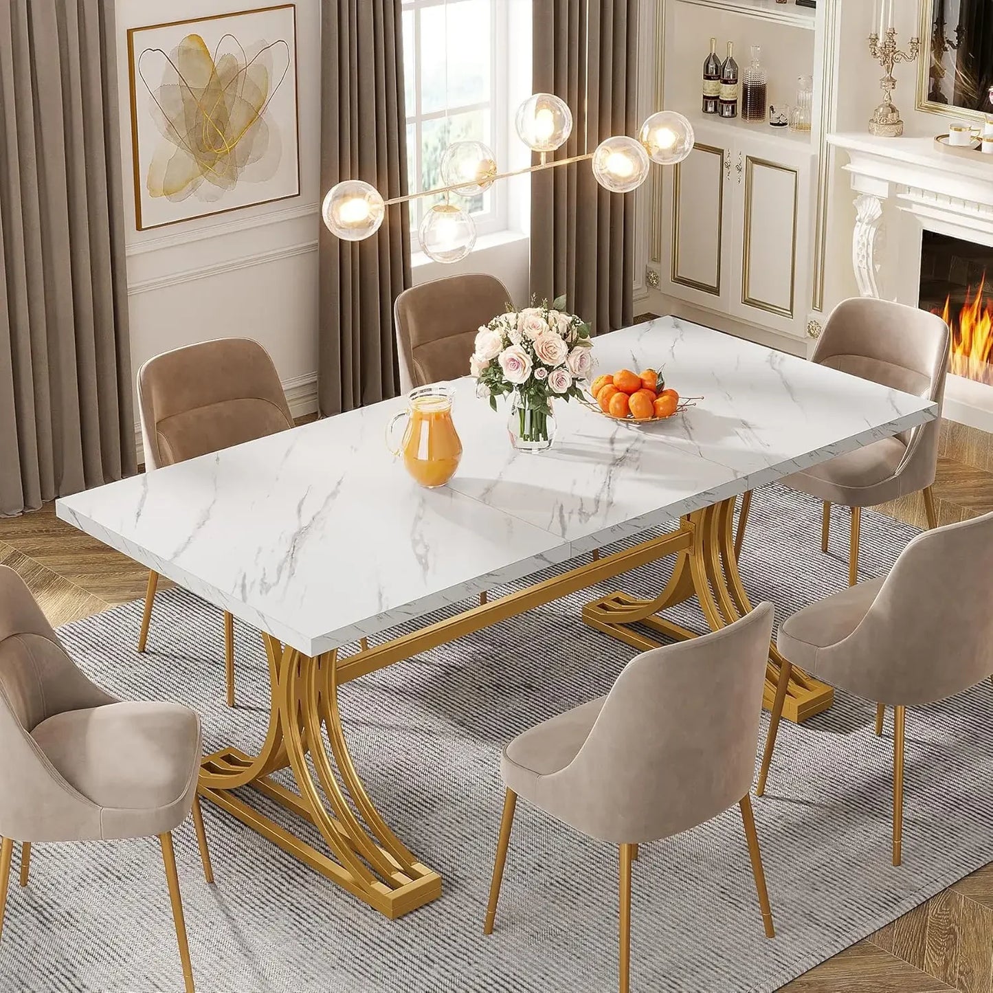 63-Inch Rectangular Dining Table for 4 to 6, Kitchen Tables for Dining Room, Modern Dinner Table with Faux Marble Table Top and