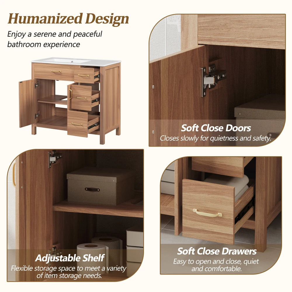 36" Wood Bathroom Vanity with Solid Wood Frame, 2 Soft Close Doors, 3 Soft Close Drawers, Adjustable Shelf, Modern Storage