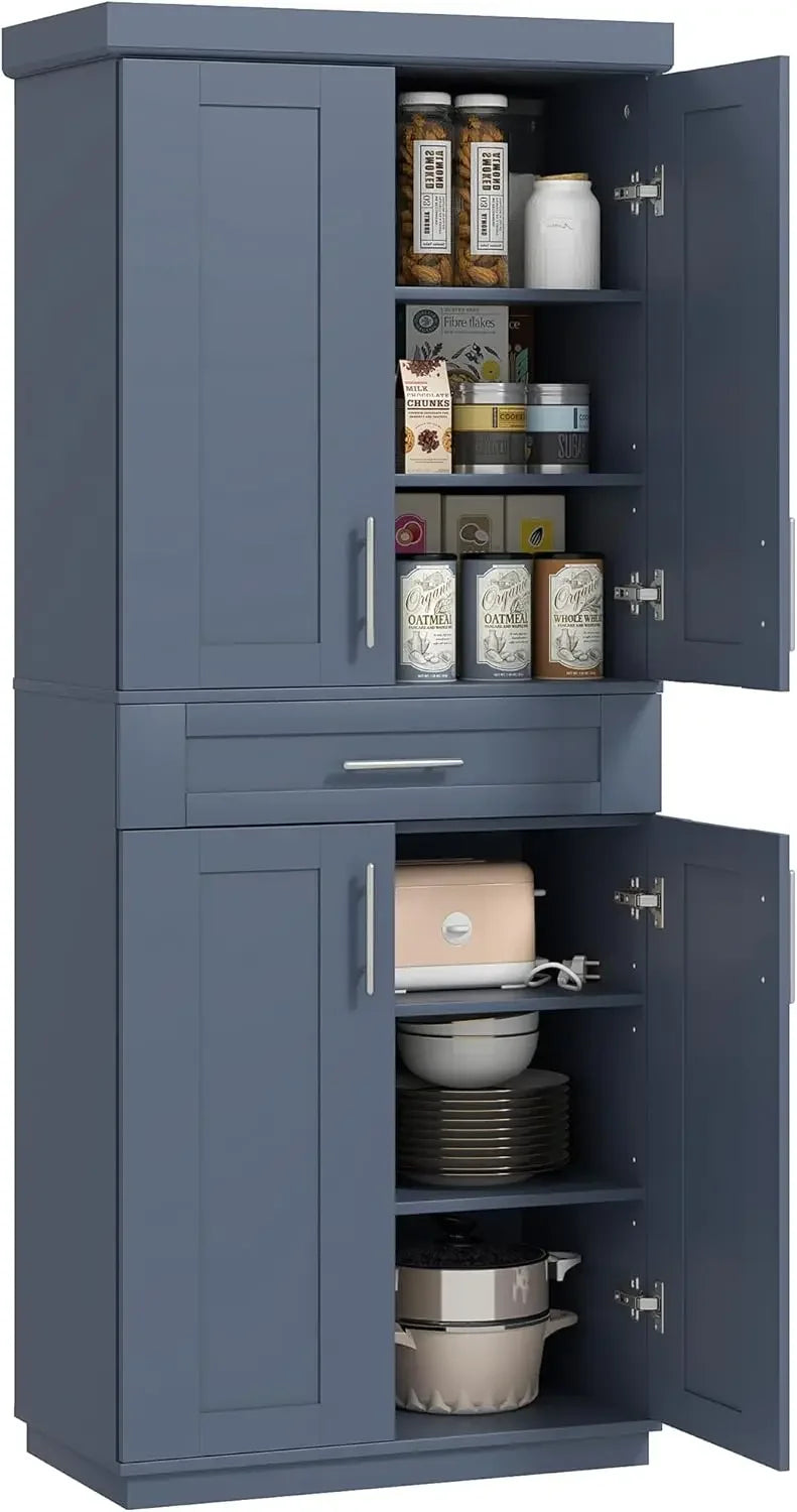 Kitchen Pantry Cabinet, Freestanding Tall Storage Cabinet with 4 Doors, Drawer and 3 Adjustable Shelves for Dining Room