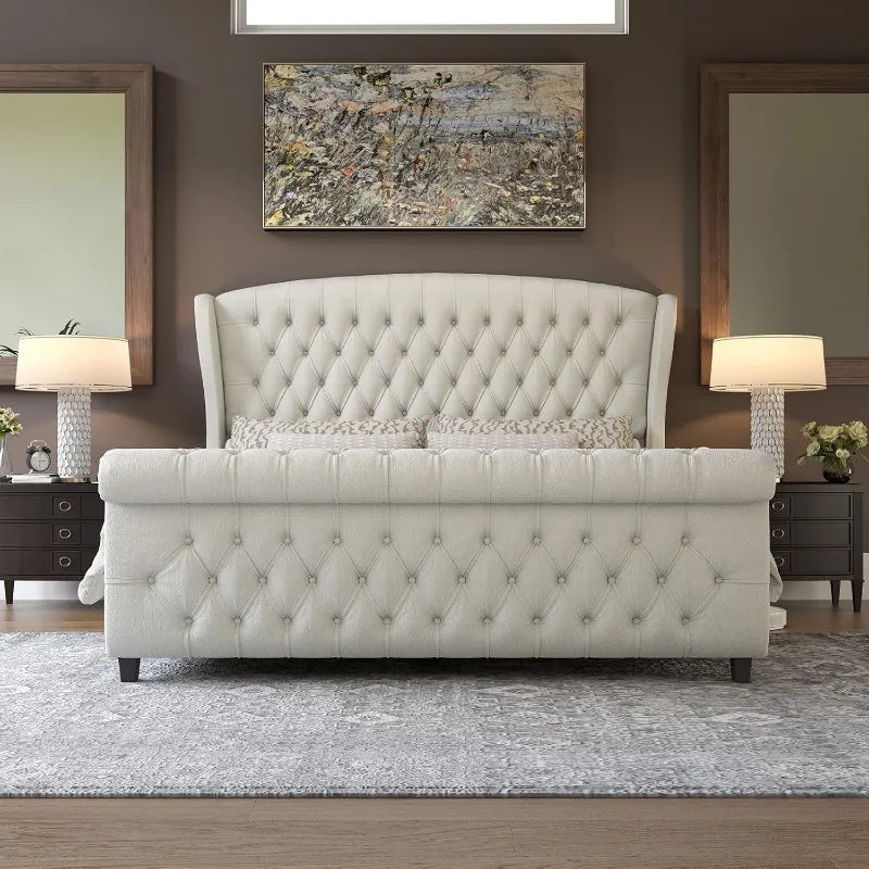 AMERLIFE King Size Platform Bed Frame, Chenille Upholstered Sleigh Bed with Scroll Wingback Headboard & Footboard/Button Tufted