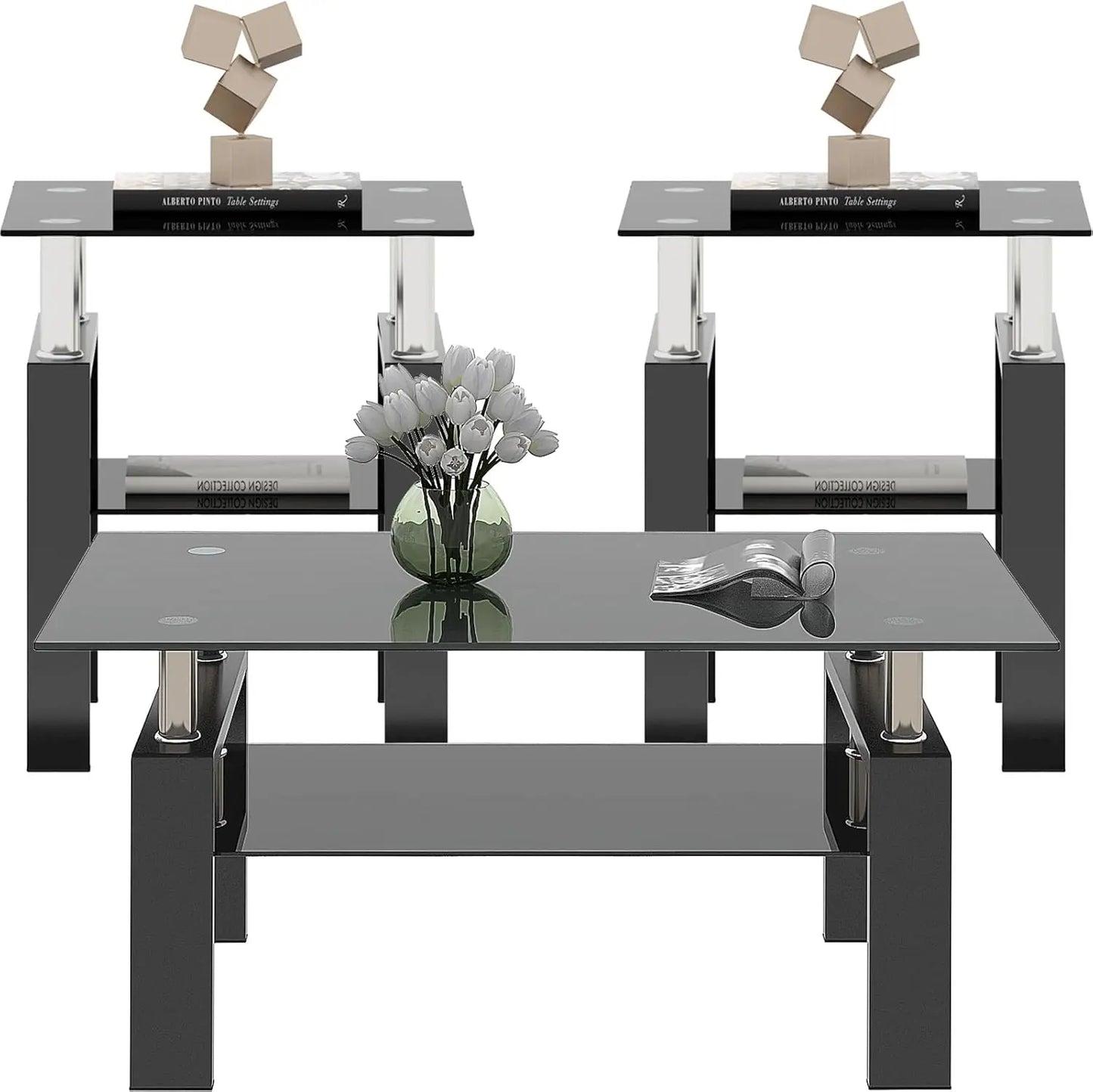 All Black Glass Coffee Table Set of 3 Piece, Living Room Set of 3 Pcs, Black Glass Coffee and End Sets