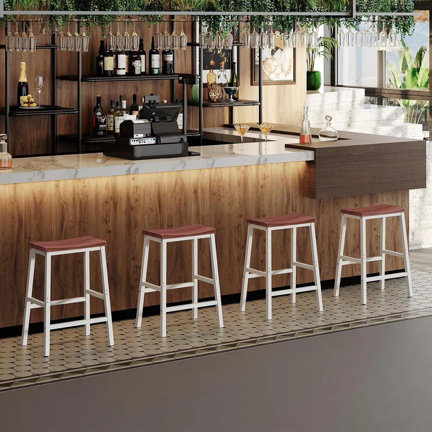 Set of 2 Industrial Bar Stools – 23.6" Rustic Brown/Black Saddle Seats with Footrests for Kitchen & Dining