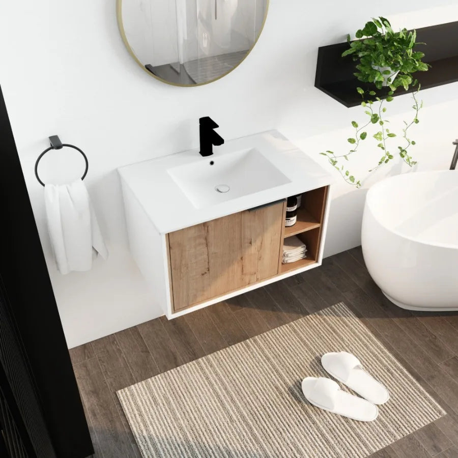 30'' Floating WallMounted Bathroom Vanity with Ceramics Sink SoftClose Cabinet Door