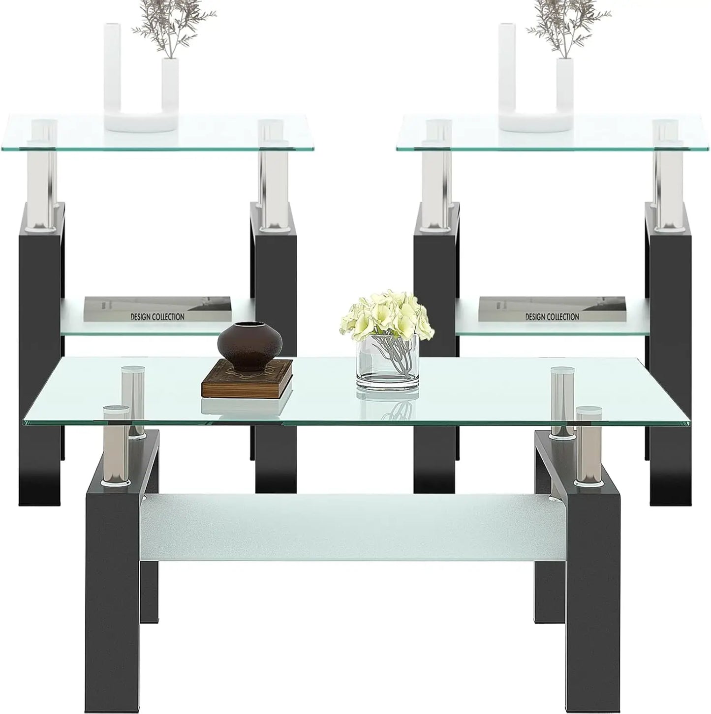 All Black Glass Coffee Table Set of 3 Piece, Living Room Set of 3 Pcs, Black Glass Coffee and End Sets