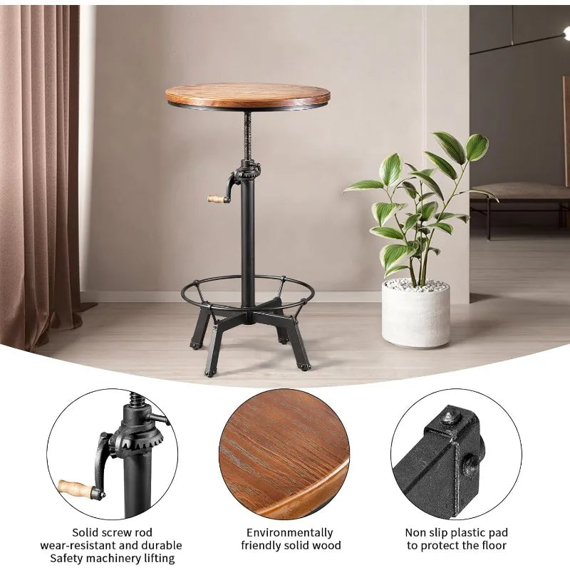 33.5-39.4 Inch Tall Industrial Bar Table-Adjustable Bar Height Bistro Whiskey Pub Table-23.7" Dia Swivel Round Wood Top Metal