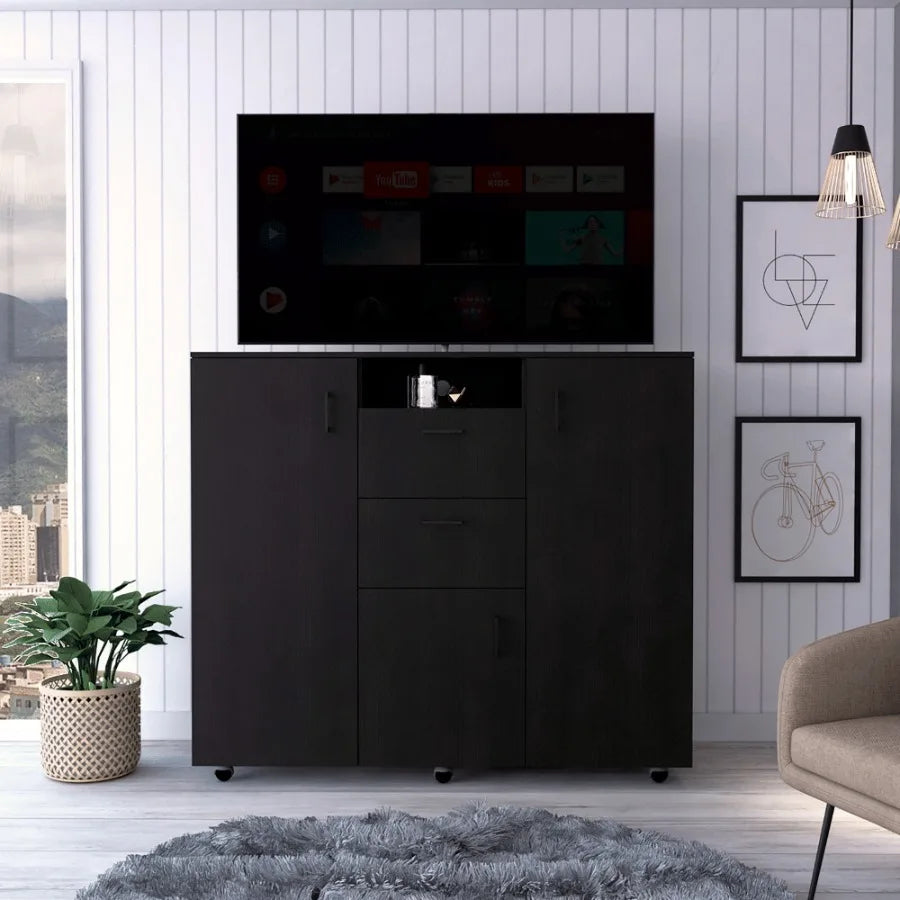Double Door Cabinet Dresser Quizz Two Drawers Single Cabinet Rod Black gue Finish