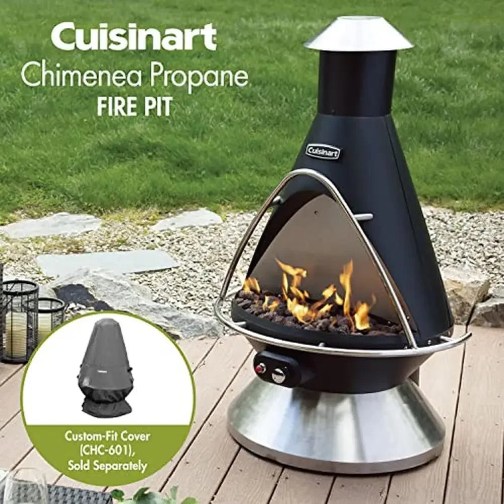 Chimenea Propane Fire Pit Patio Heater 40,000 BTUs 31"x31"x48" Stainless Steel Base Flame Safety Cut-Off 8 lbs. Lava Rocks