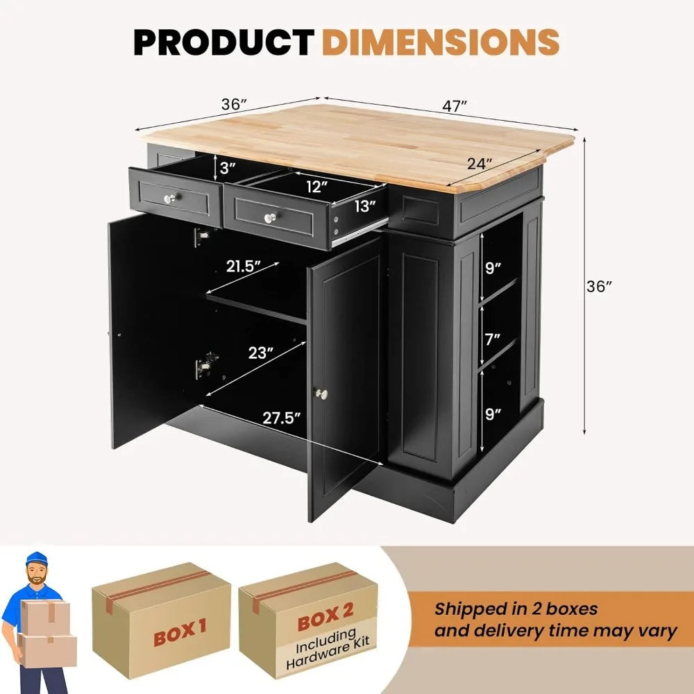 Kitchen island with rubber wood countertop, 2 drawers, 5 adjustable shelves and spice rack, kitchen home coffee bar island table