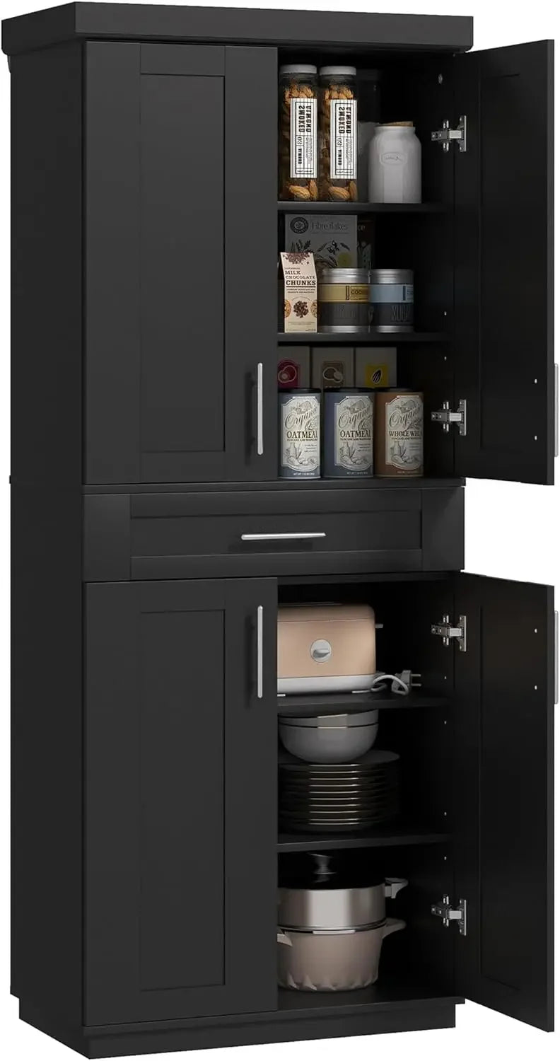 Kitchen Pantry Cabinet, Freestanding Tall Storage Cabinet with 4 Doors, Drawer and 3 Adjustable Shelves for Dining Room