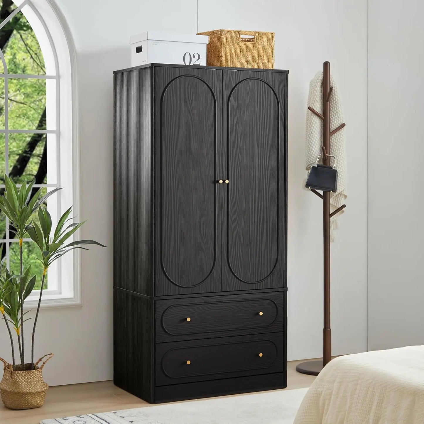 Fluted Freestanding Armoire Wardrobe Closet with 2 Doors and 2 Storage Drawers, Large Capacity Wardrobe Cabinet