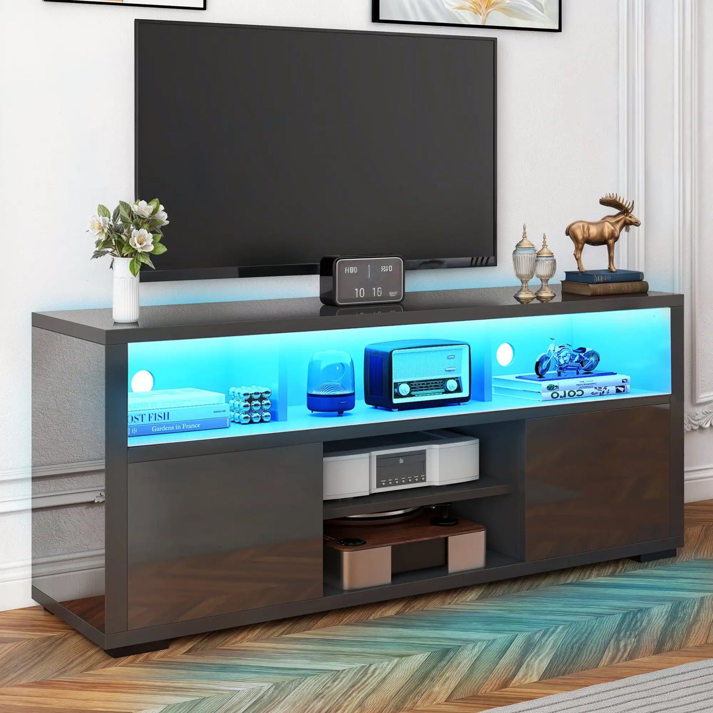 High Gloss TV Stand with Ambient Lights, Modern TV Stand with Open Shelf Storage Cabinet for 62 inch TV, White