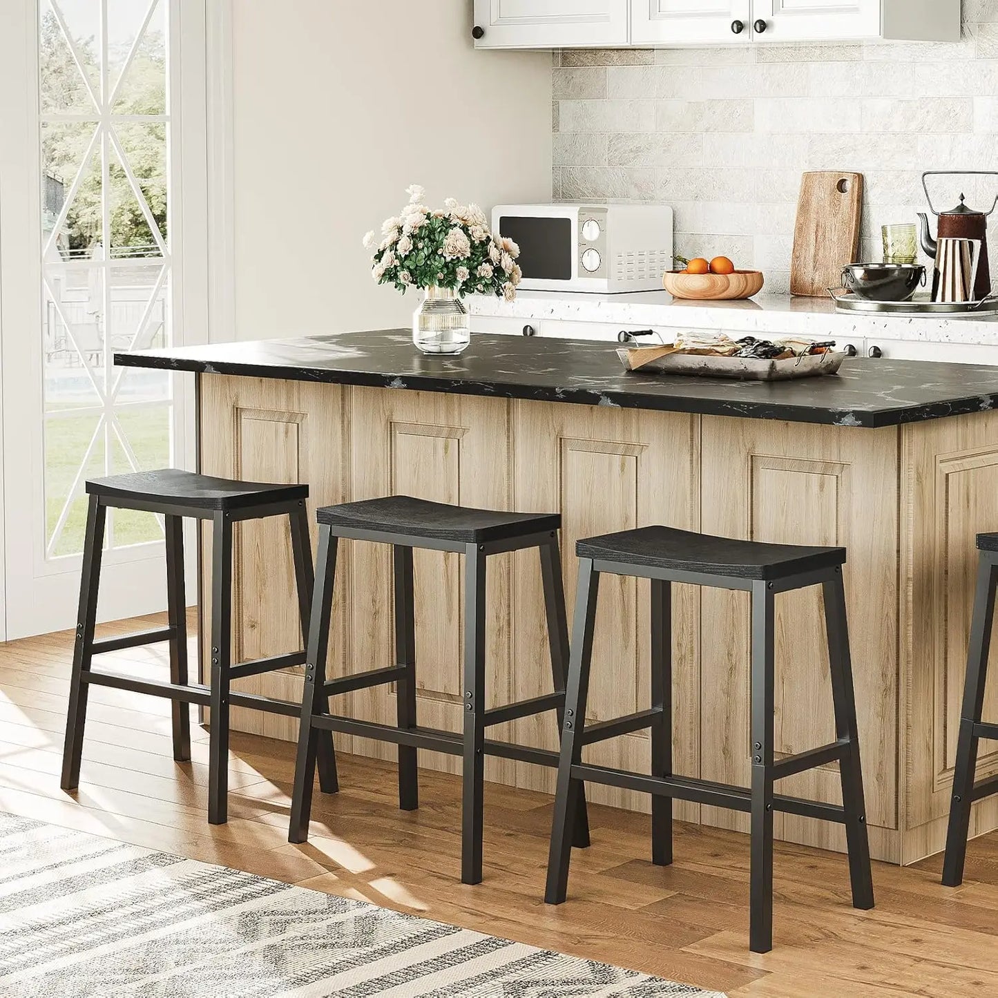 Set of 2 Industrial Bar Stools – 23.6" Rustic Brown/Black Saddle Seats with Footrests for Kitchen & Dining