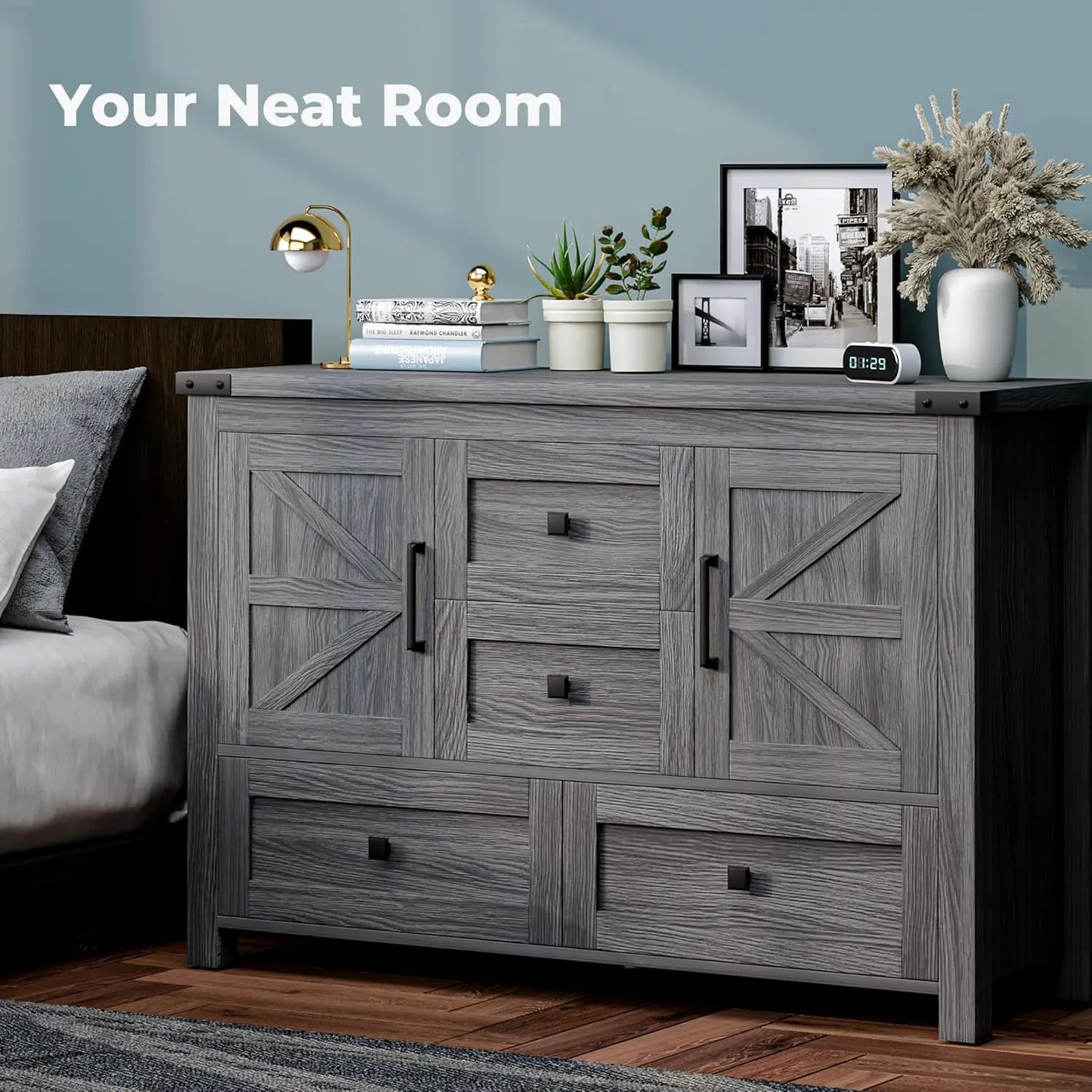 Farmhouse Grey Dresser for Bedroom with 4 Drawers and 2 Barn Doors Grey Wood Chest of Drawers 47 Inch Wide Large Long Adjustable