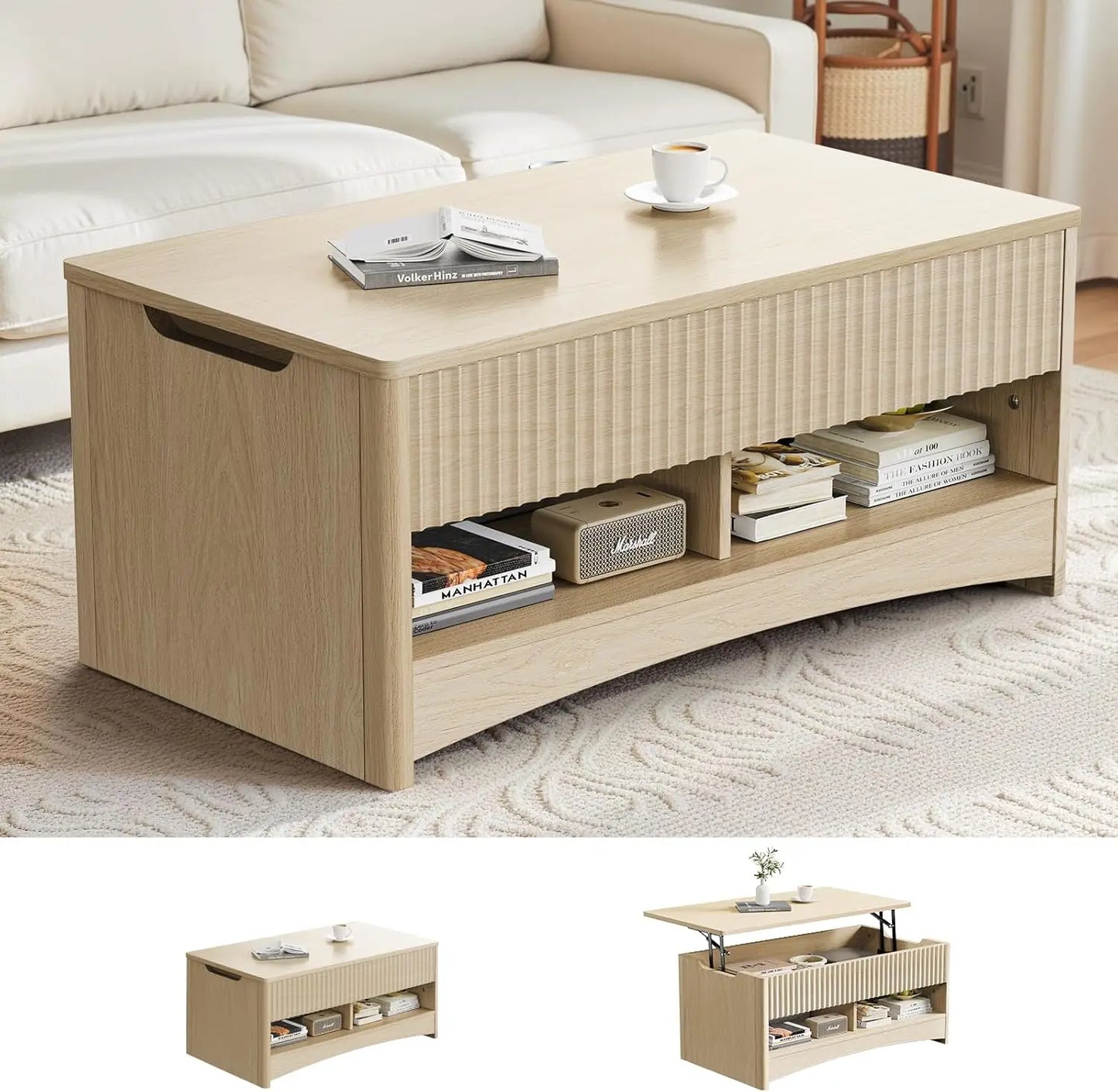 Amada Coffee Table Fluted Lift Top, 35.2" Wood Table with Storage Shelf & Hidden Compartment, Modern Rectangle Center Table